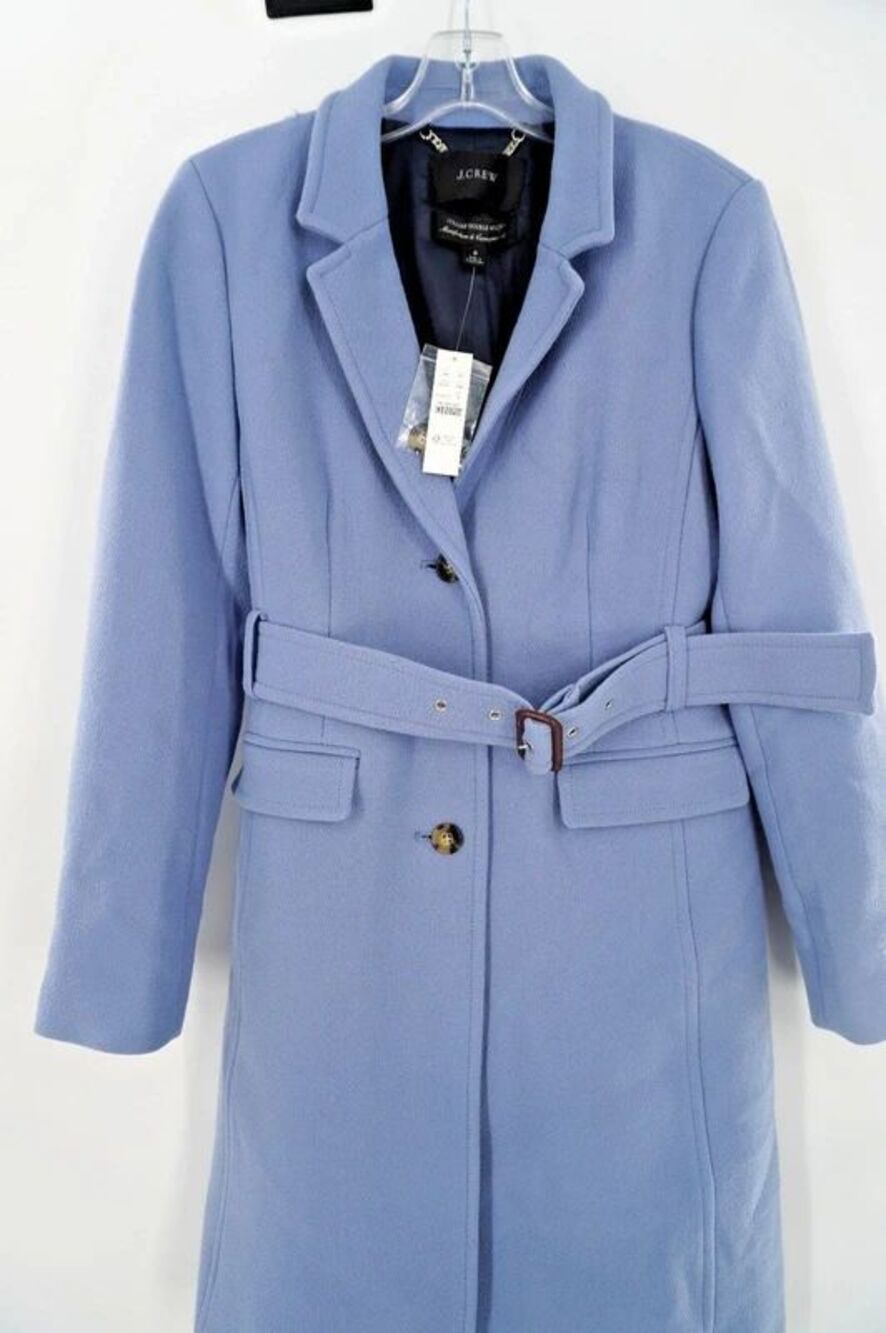 J.Crew Lady Day Double Cloth Italian Wool Belted Topcoat Coat Blue Sz8 FLAW/TEAR